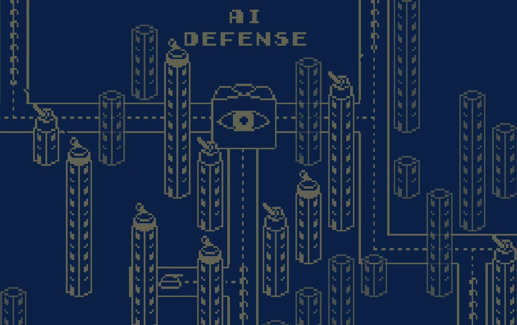 Main level of AI Defense game. A square building connected to many streets and nearby skyscrapers.